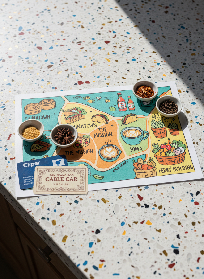 An overhead shot of a colorful, hand-drawn neighborhood food map spread across a bright terrazzo countertop, each district illustrated with tiny, cartoonish icons of signature dishes: dim sum baskets for Chinatown, tacos for the Mission, artisan coffee cups for SoMa, and organic produce for the Ferry Building. Small ceramic dishes filled with spices—star anise, chili flakes, and black peppercorns—sit on the map as playful markers. A transit card and a vintage-style cable car ticket peek from beneath one corner. Soft, natural window light washes gently across the scene, creating subtle shadows that emphasize the paper’s texture and terrazzo flecks. The composition follows the rule of thirds with sharp focus and a clean, modern photographic style, evoking a fun, exploratory mood perfect for planning a delicious day in San Francisco.