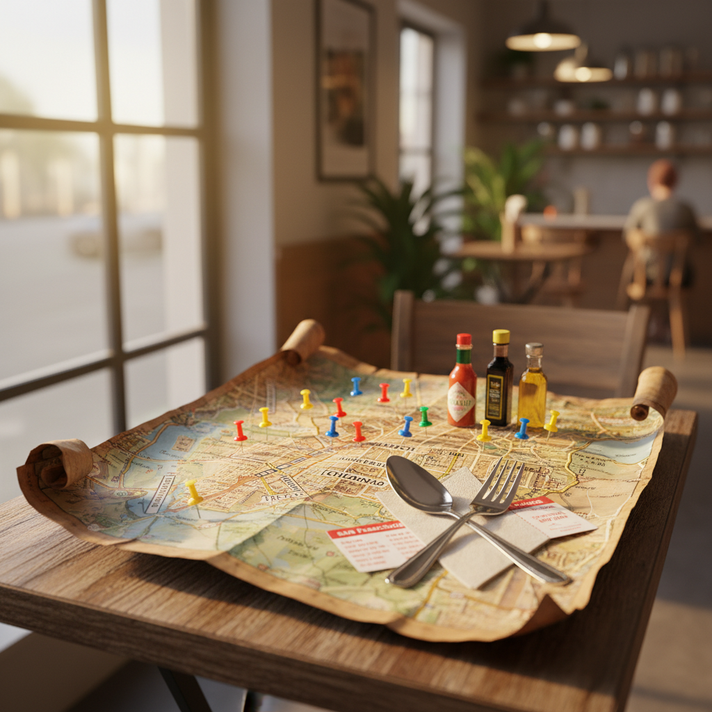 A rustic, well-worn city map of San Francisco spread across a small wooden café table, its paper edges curled and slightly creased, with colorful pins marking famous food neighborhoods. Surrounding the map are neatly arranged travel-size condiment bottles, a glistening metal fork and spoon crossed playfully, and a folded transit ticket. Warm late-afternoon window light spills across the scene, creating gentle highlights on the silverware and soft shadows along the map’s textured surface. Photographed from a slightly elevated angle with a shallow depth of field, the background fades into a soft bokeh of a bright, modern café interior. The atmosphere is playful and adventurous, with vibrant photographic realism that suggests planning a delicious food-focused journey through the city.