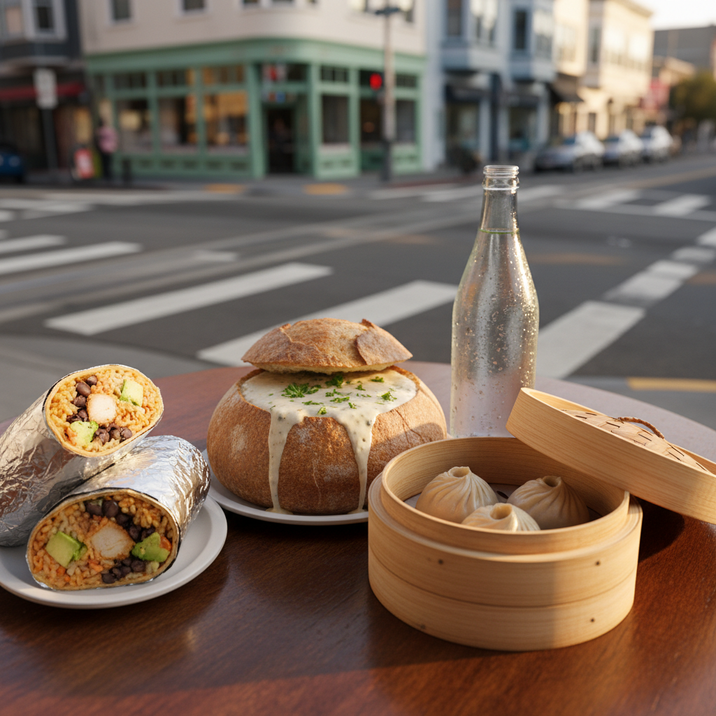 A close-up of a polished wooden sidewalk café table holding three distinct SF-inspired dishes: a sourdough bread bowl brimming with creamy chowder, a pair of neatly wrapped foil burritos sliced open to reveal colorful fillings, and a small bamboo steamer basket slightly ajar with delicate xiaolongbao inside. Condensation beads on a cold glass bottle of mineral water nearby. The table is positioned at the edge of a bustling street corner, seen only as a soft blur of cable tracks, crosswalk lines, and pastel storefronts in the background. Warm golden hour sunlight slants across the table, creating sparkling highlights on the chowder’s surface and gentle shadows from the steamer lid. Captured at eye level with a shallow depth of field, the mood is vibrant, playful, and irresistibly appetizing in rich photographic realism.