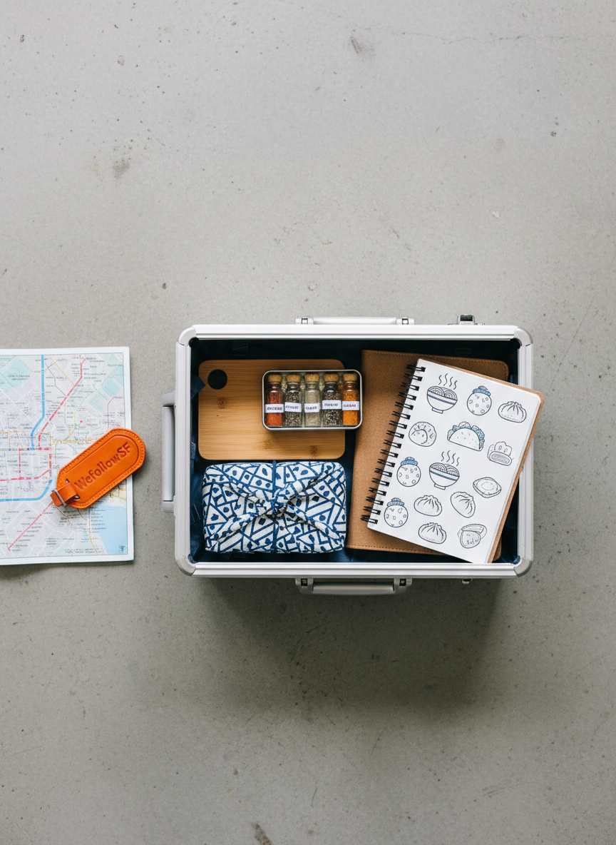 A perfectly styled flat lay of a gleaming stainless-steel suitcase partially unzipped, revealing neatly packed food-themed travel essentials: a compact bamboo cutting board, a tiny spice kit in labeled glass vials, a fabric-wrapped bento box, and a spiral-bound travel food journal with doodled icons of noodles, tacos, and dim sum. The suitcase rests on a clean, light concrete floor beside a folded city transit map and a single, bright-orange luggage tag stamped "WefollowSF." Soft, diffused overcast light from above creates gentle, even illumination with subtle shadows that define each object. Shot from a true bird’s-eye view with sharp focus across the frame, the mood is organized yet playful and curious, captured in crisp photographic realism with bright, saturated colors.